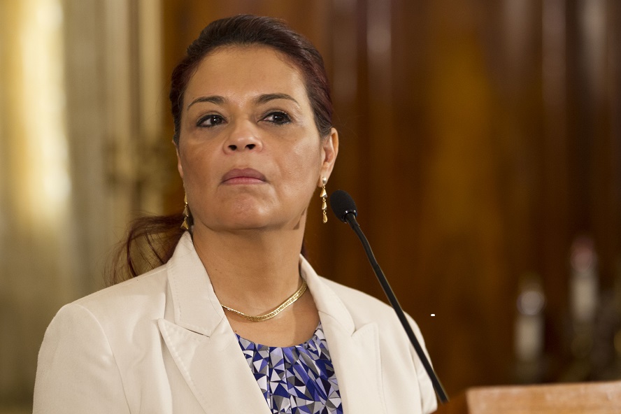 Guatemala's Vice President Roxana Baldetti listens a question from journalists during a press conference at the presidential house in Guatemala City, Sunday, April 19, 2015. Baldettis private secretary, Juan Carlos Monzon, has been identified by the authorities as the alleged ringleader of an organization dedicated to defraud the state through corruption and theft. (AP Photo/Moises Castillo)