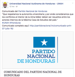 Página oficial de UNAH divulgó comunicado del Partido Nacional