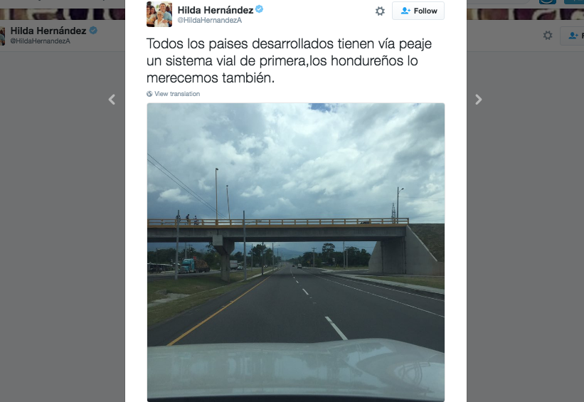 Hilda Hernández escribió en su twitter la necesidad de tener los peajes. 