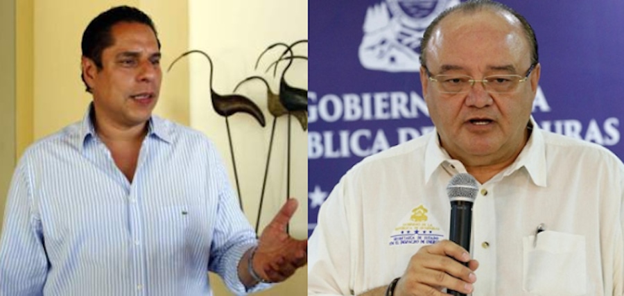 Miguel Pastor and Roberto Ordoñez appear side by side in light shirts; one speaks with hand gesture while the other holds a microphone, referencing a Honduras political trial context.