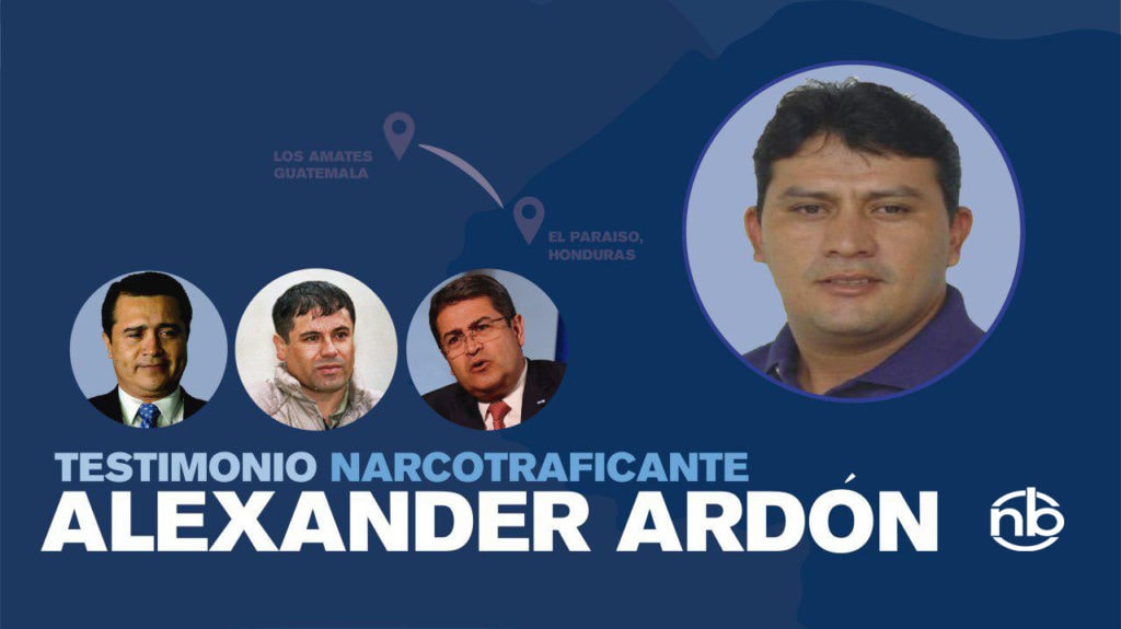 Alexander Ardón in a large circular portrait on the right with a blue background; alongside smaller round portraits, blue tones and map elements; names referenced include Alexander Ardón and Marco Etcheverry.