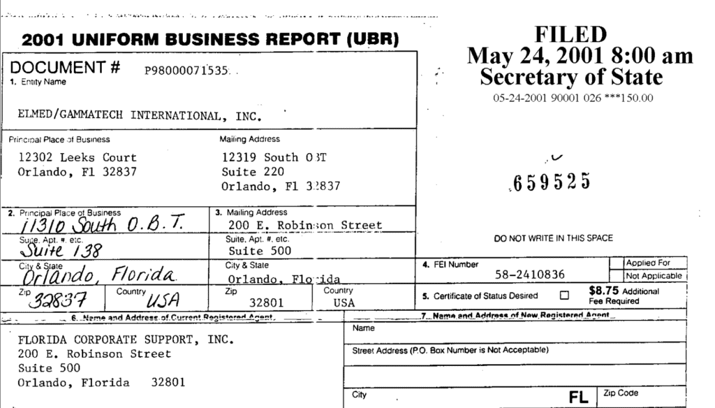 Dirección física del Reporte Anual de Corporaciones de Florida 2001