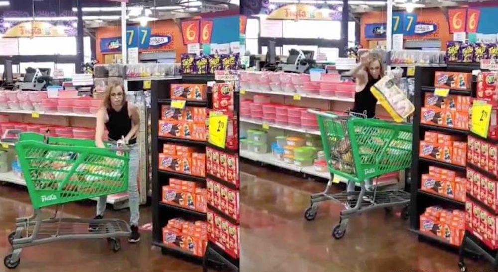 Mujer lanza productos en supermercado al solicitarle el uso de mascarilla.