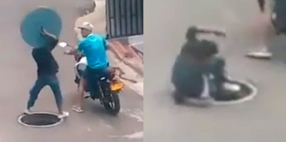 Hombre intenta robar tapadera de alcantarilla y cae en el hueco.