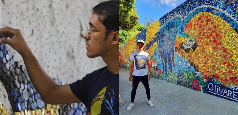 Joven artista creó mural ecológico con 200 mil tapas recicladas