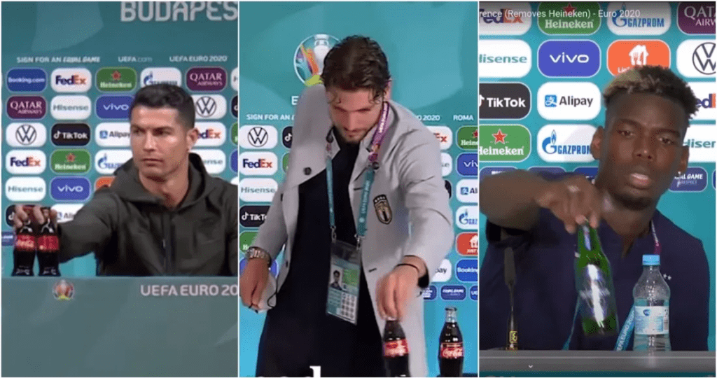 La UEFA se cansa de que los jugadores retiren botellas de patrocinadores y les pide que se detengan