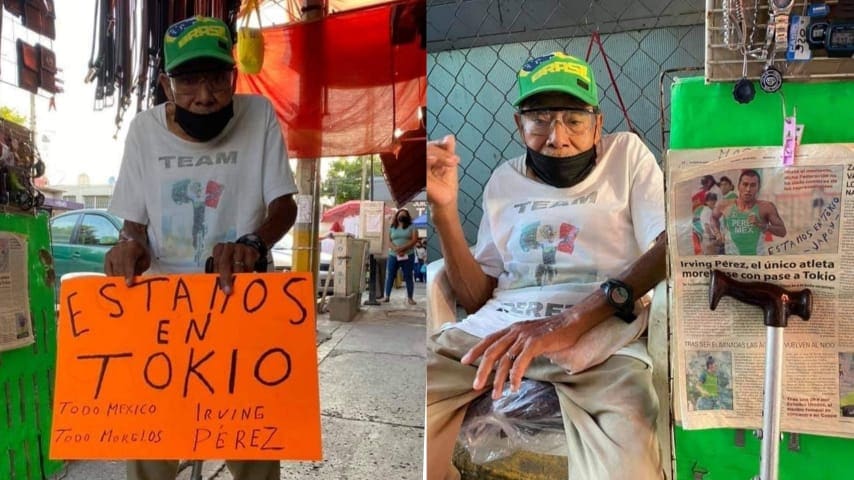 Abuelito mexicano decora su humilde negocio con pancarta de apoyo a su nieto que es un atleta olímpico