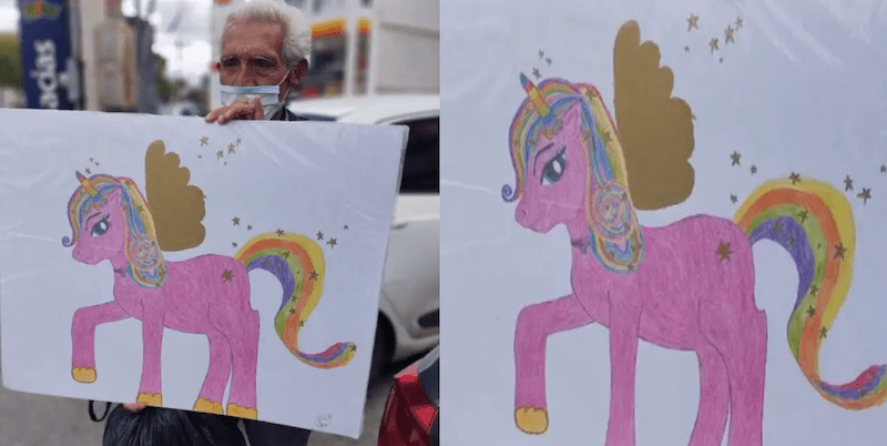 Don Mario, el abuelito que vende los dibujos de sus nietas huérfanas