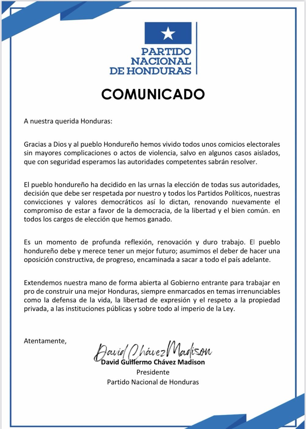Comunicado Partido Nacional