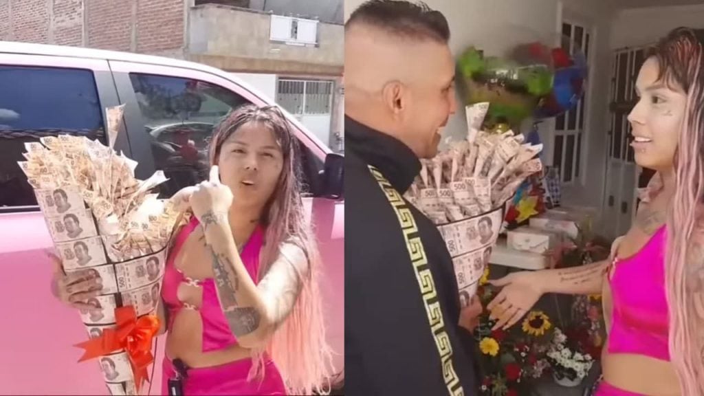 Influencer genera polémica al regalarle a su padre un ramo de billetes de dos mil dólares