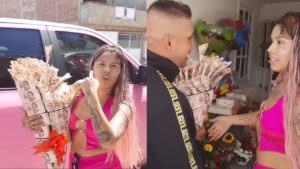 Influencer genera polémica al regalarle a su padre un ramo de billetes de dos mil dólares