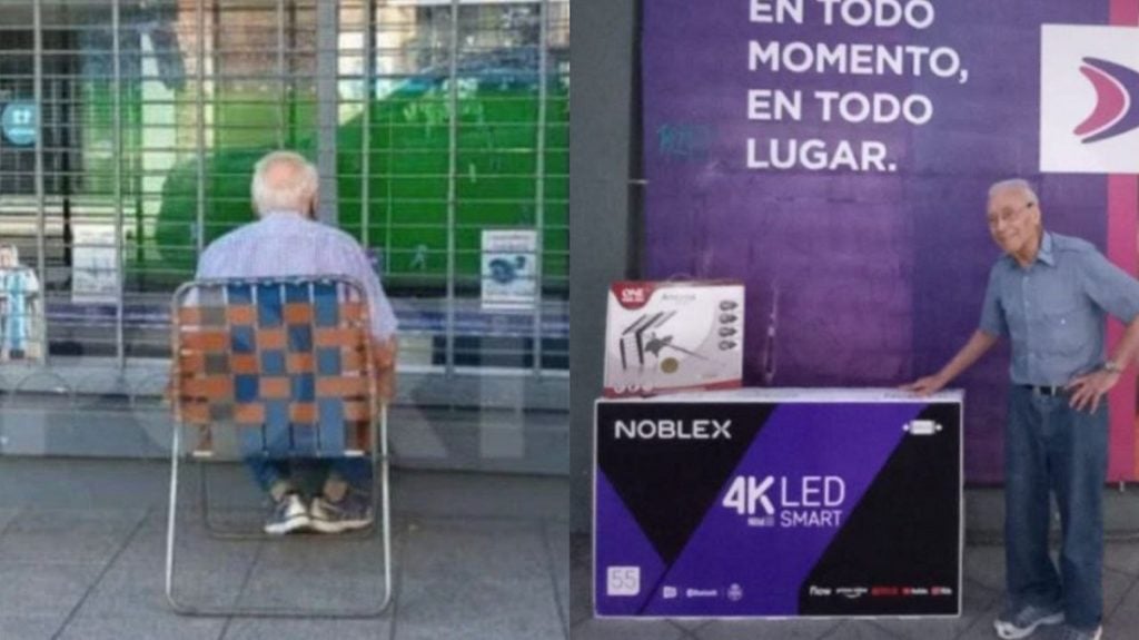 Le regalan un televisor al abuelito que ve el partido en la vitrina de una tienda