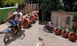 Un padre en Yucatán crea un trencito casero y lleva a sus hijos de paseo por las calles