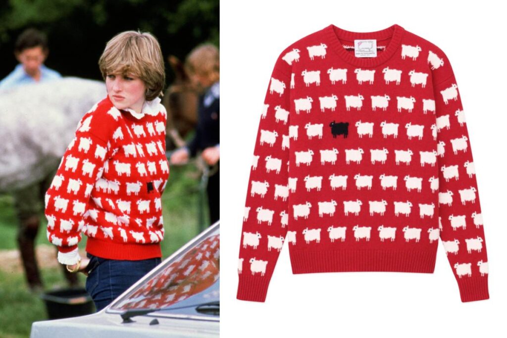 Suéter rojo con estampado de ovejas blancas y una oveja negra central, asociado a la princesa Diana (Diana Spencer) y diseñado por Warm & Wonderful, prenda histórica de moda
