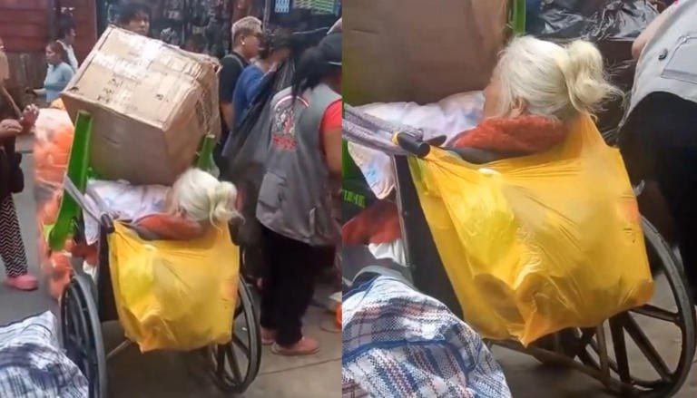 Indignación por video de abuelita en silla de ruedas con varios productos encima