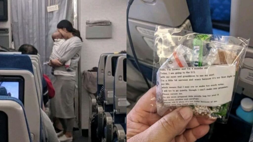 Madre regala dulces en un vuelo para pedir disculpas por el llanto de su bebé