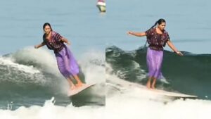 Surfista Patricia Ornela se roba la admiración en las redes al dominar las olas con vestido huipil