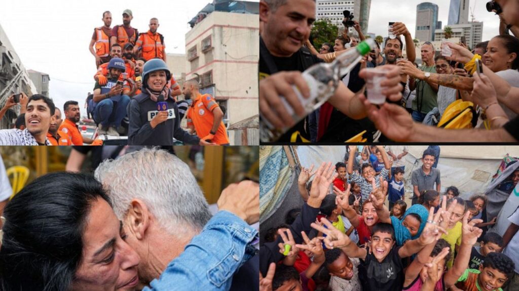 Israelíes y palestinos en un solo sentir celebrando que por fin se firmó un acuerdo de paz 
