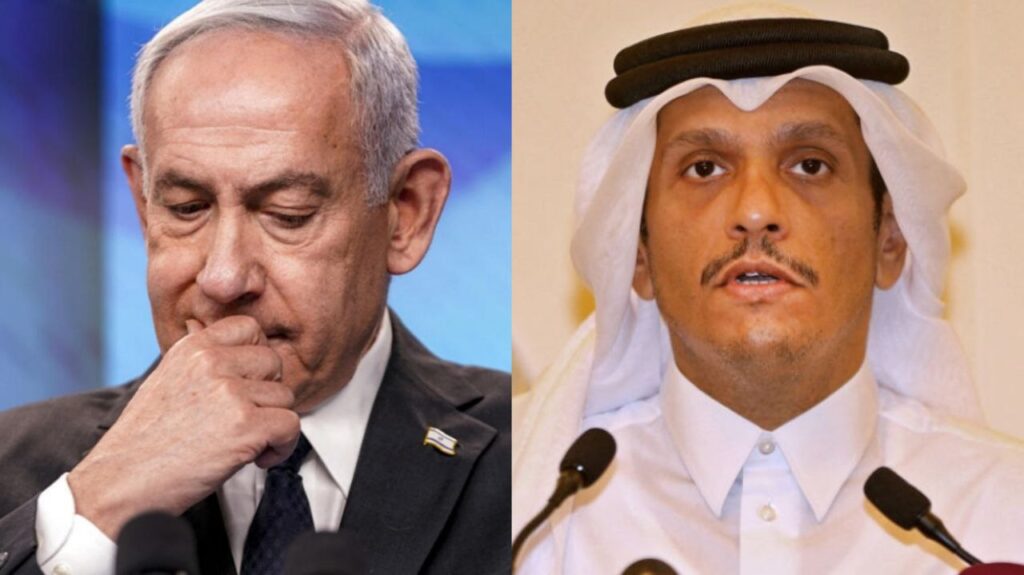 Reunión secreta en Nueva York: Benjamin Netanyahu con traje oscuro y Mohammed bin Abdulrahman bin Jassim Al Thani con pañuelo blanco, contexto Israel y Qatar.