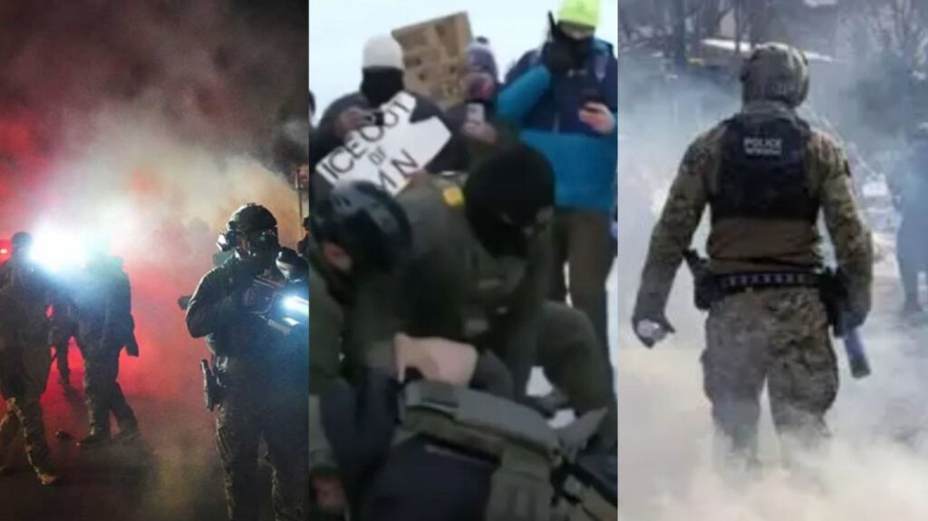 Minneapolis: policías con camuflaje avanzan entre humo y gases lacrimógenos, en medio de la represión con granadas tras Donald Trump