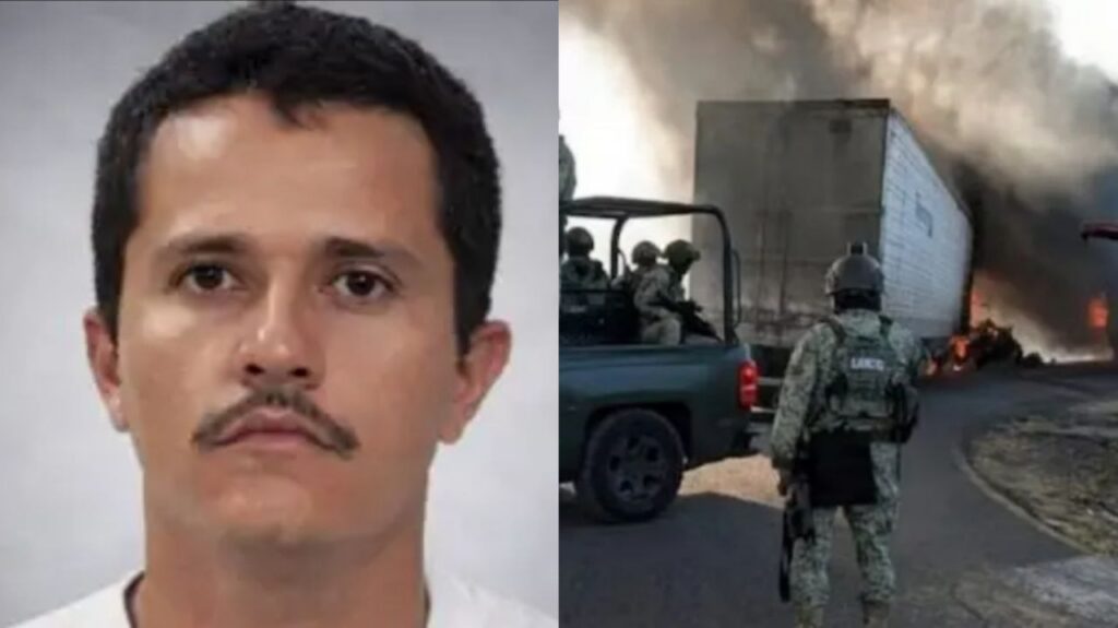 El Mencho portrait beside a burning convoy scene with armed soldiers, Oseguera-linked CJNG, dark-haired mustached man