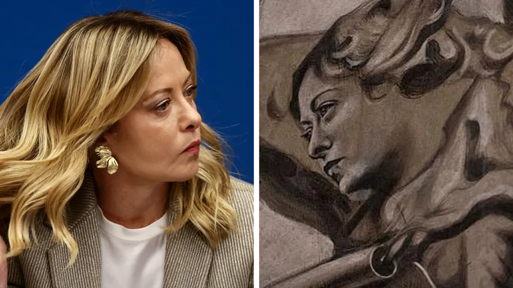 Rostro de Giorgia Meloni y ángel restaurado en fresco en tonos grises, con detalles del supuesto parecido en Italia.
