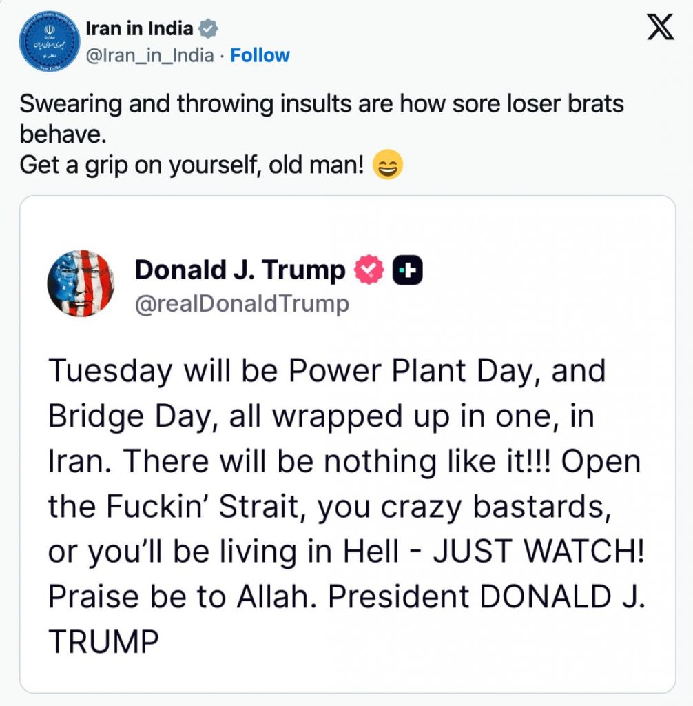 A tweet from 'Iran in India' criticizing Donald Trump's language, quoting his tweet that threatens Iran with 'Hell' and uses expletives.